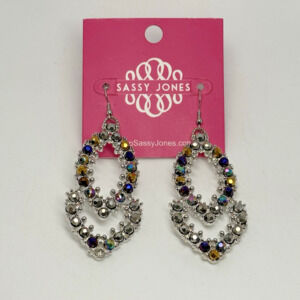 Sassy Jones Malia Glass Dangle Peacock Rhinestone Silver Tone Hook Drop Earrings